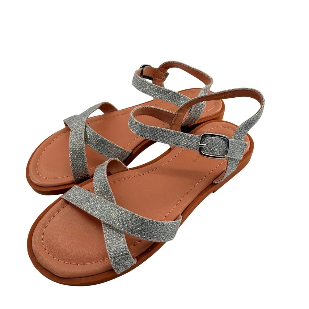 Girls Size 3 Elva Sandals Silver Glitter Strappy Buckle‎ Sparkle Shimmer Flat